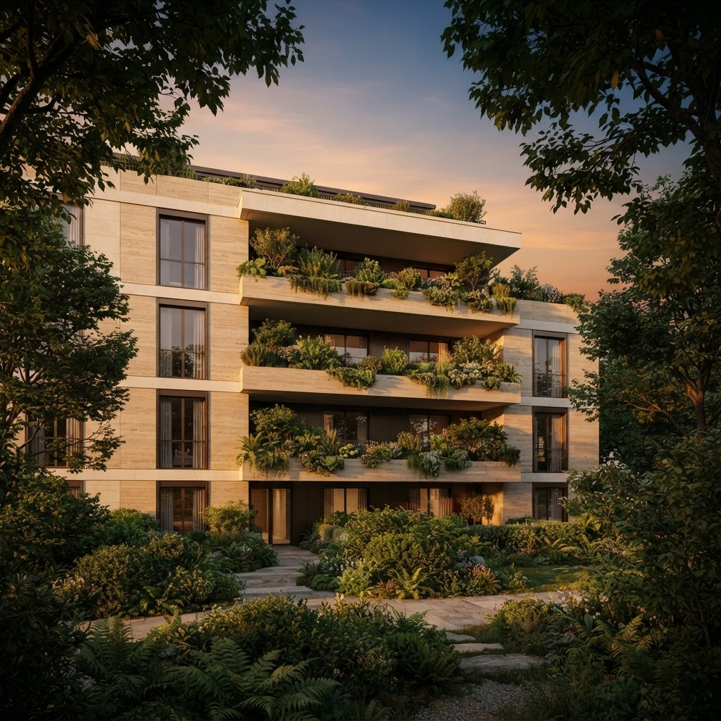 Mayfair Gardens residentiële architectuur in Pipera, Boekarest, bij avondlicht