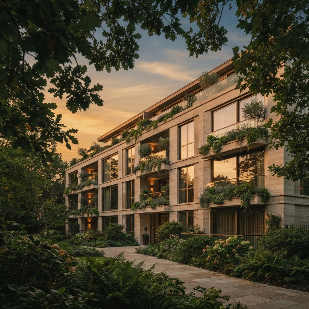 Residences van Mayfair Gardens in Pipera bij avondlicht, met beplante balkons omlijst door bomen