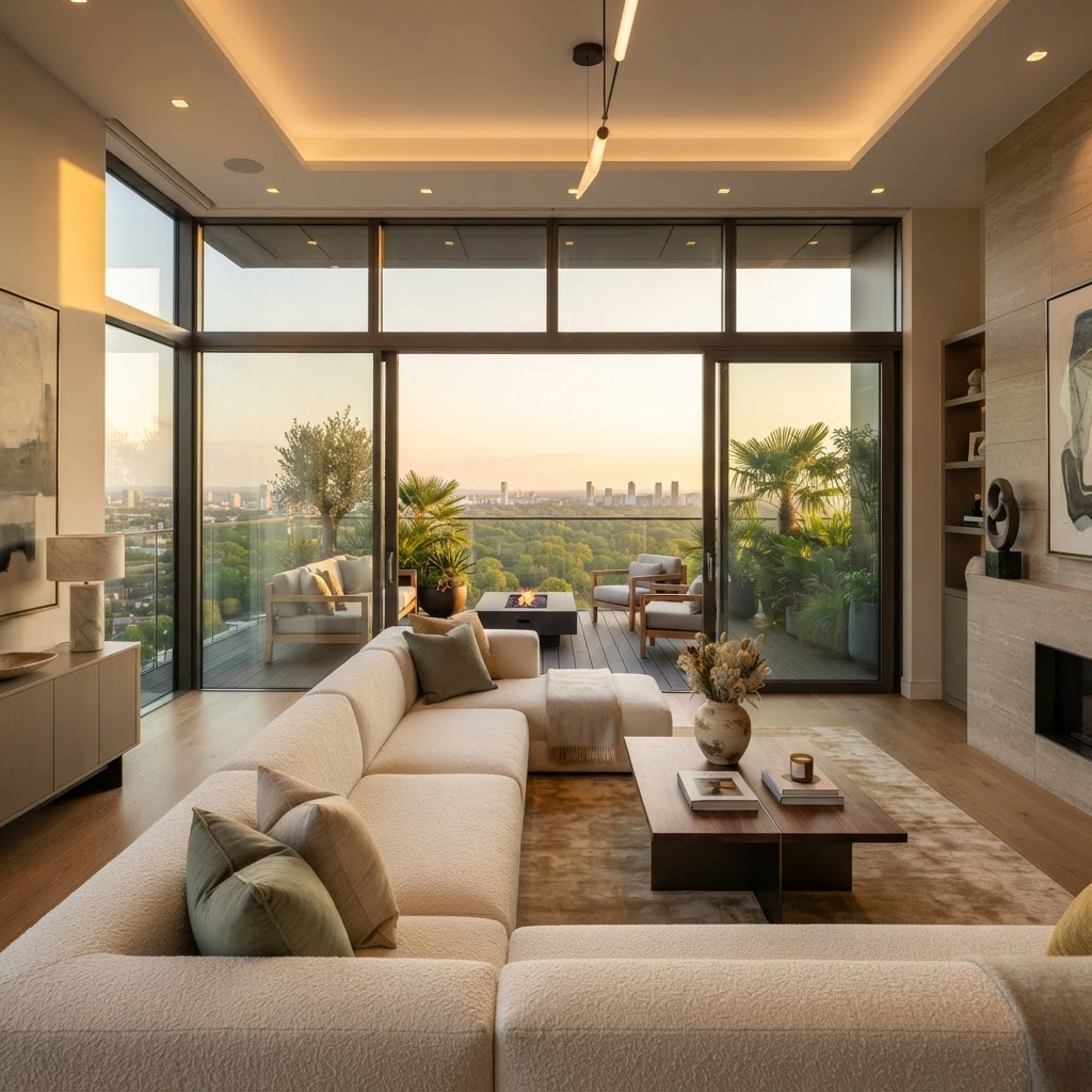 Woonkamer van een penthouse bij zonsondergang die uitkomt op een weids panoramaterras